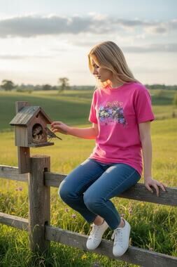 Vintage Goper Sport L Pink Robin Feeding Chicks Flower Box T-shirt Cottagecore